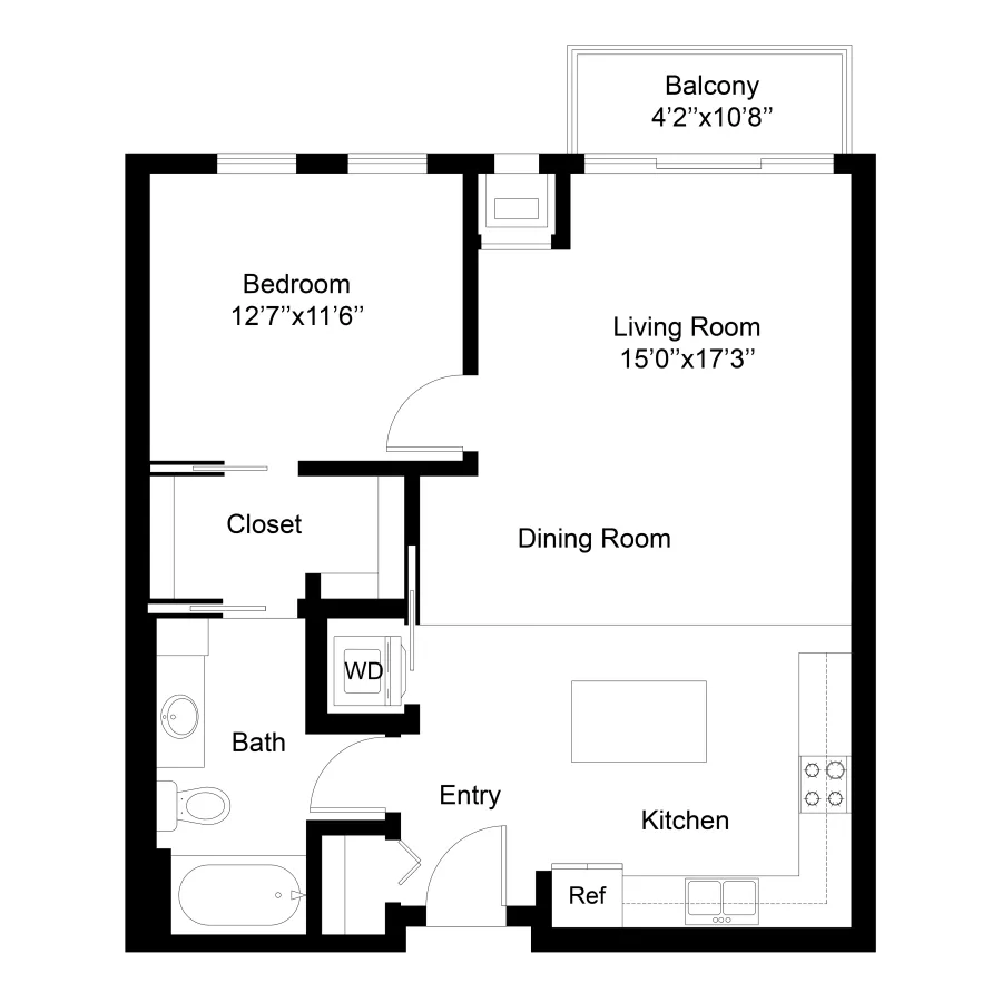 Floor plan: One-bedroom apartment with living room, dining room, kitchen, bath, and balcony.