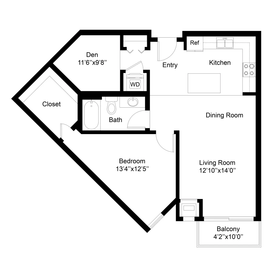 Graphic of an apartment floor plan with bedroom, den, kitchen, dining room, living room, bath, and balcony.