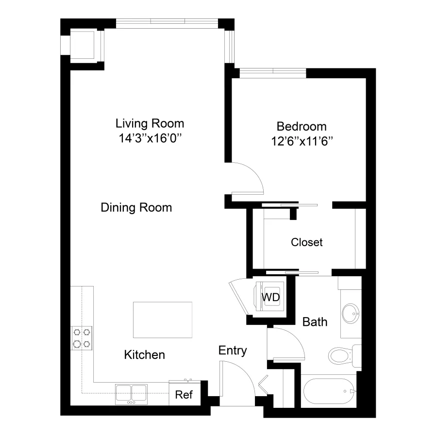 Graphic: Floor plan of a 1-bedroom apartment with living room, dining, kitchen, entry, bath, and closet.