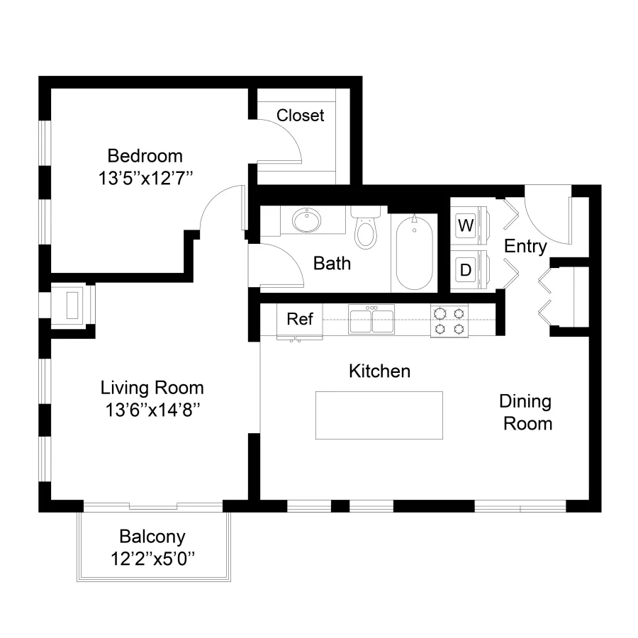 Floor plan graphic for a one-bedroom apartment with a living room, balcony, kitchen, dining room, and bath.