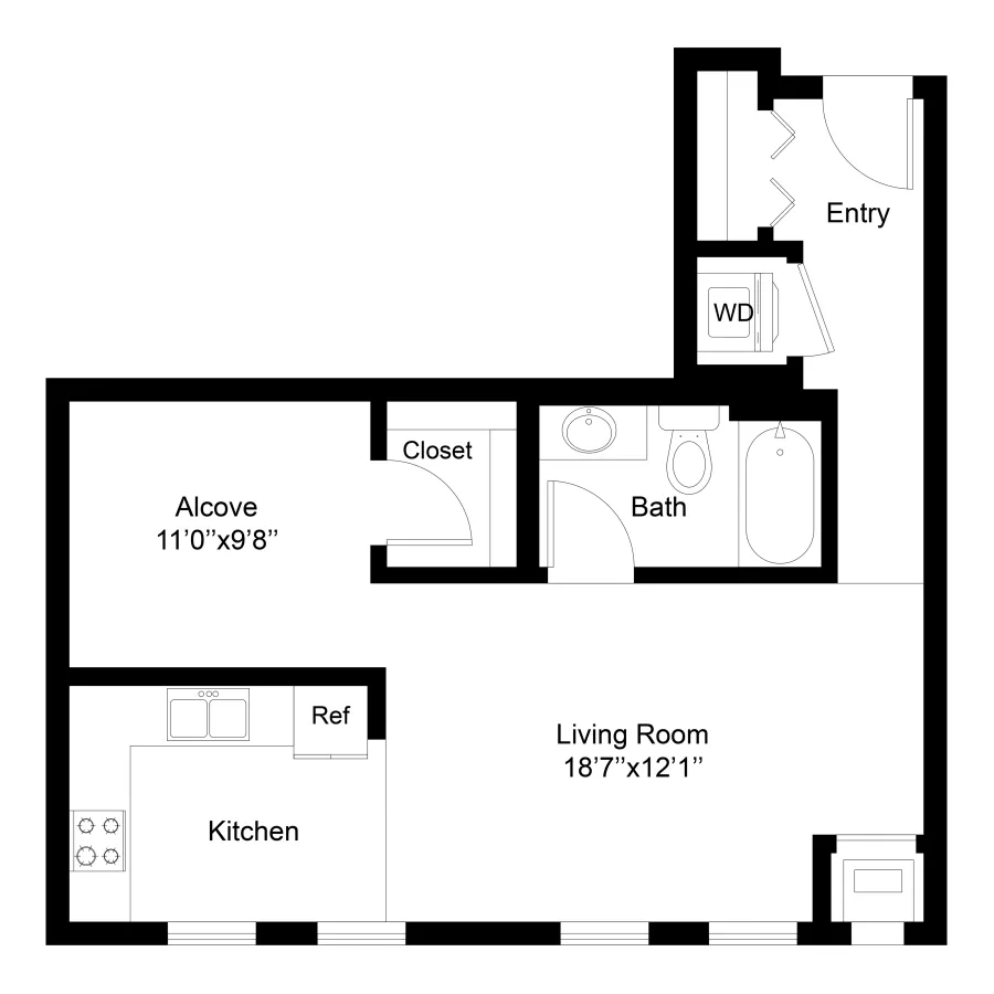 Studio apartment floor plan showing entry, living room, kitchen, alcove, bath, closet, and washer/dryer.