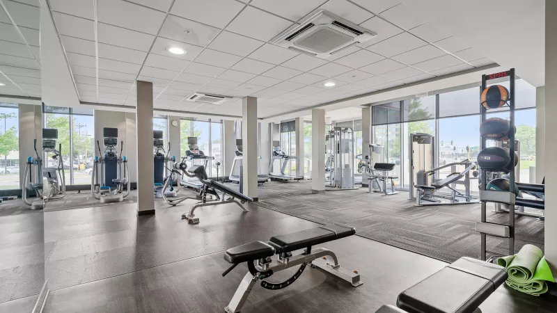 Modern gym with dark floors, a mirrored wall, various cardio and weight machines, and large windows.