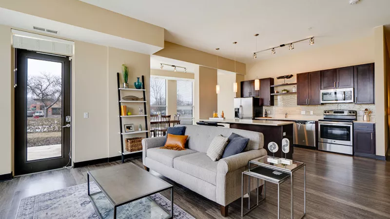 Modern open-concept living room with a light gray sofa, dark wood coffee table, and an adjacent kitchen with dark cabinets.